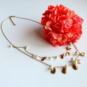 J. Crew Layered Gold Tone Necklace with White Pearls and Teardrop Charms Party